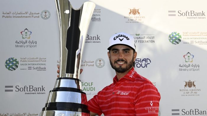 KAEC, SAUDI ARABIA: Abraham Ancer of Mexico pictured with the winner’s trophy after Round Four on Sunday February 5, 2023 at the PIF Saudi International powered by SoftBank Investment Advisers. This US$ 5 Million golf event is being held from February 2-5, 2023 at the Royal Greens Golf and Country Club, King Abdullah Economic City, Saudi Arabia. Picture by Paul Lakatos/Asian Tour.