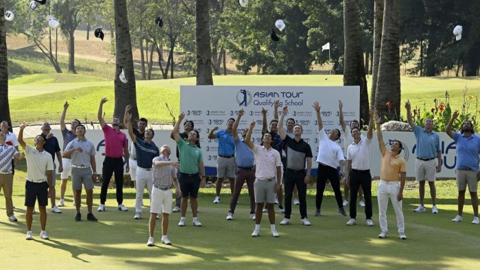 HUA HIN, THAILAND:  Asian Tour players throw thjeir hats into the air after securing their 2023 Tour cards during Round Five on Sunday, January 22 during the final stage of the 2023 Asian Tour qualifying school. The event is being held from January 18-22, 2023 at Lake View Resort & Golf Club, Hua Hin, Thailand. Picture by Paul Lakatos/Asian Tour.