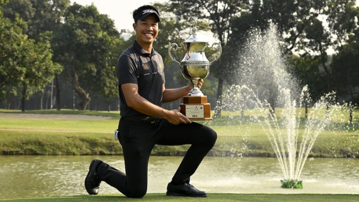 DHAKA, BANGLADESH: Danthai Boonma of Thailand pictured with the winner’s trophy on Sunday, November 27, 2022, after Round Four of the Bangabandhu Cup Bangladesh Open at the Kurmitola Golf Club, Dhaka, Bangladesh. The US$ 400.000 Asian Tour event is staged November 24-27, 2022. Picture by Paul Lakatos/ Asian Tour.