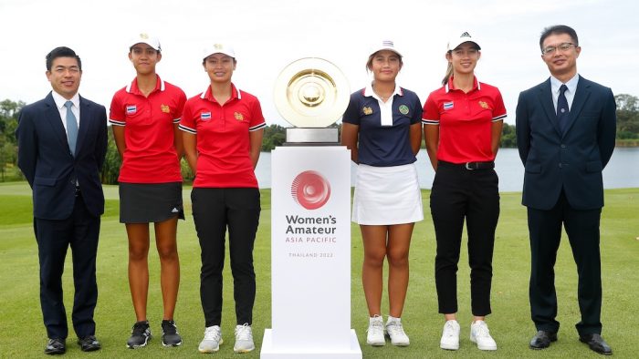 CHONBURI, THAILAND - AUGUST 30: (Left-to-Right) Nick Shan, Navaporn Soontreeyapas, Suvichaya Vinijchaitham, Pimpisa Rubrong, Eila Galitsky and Kazuya Nomoto pose during Press Conference and Photo opportunity with Thailand players & trophies during the Women’s Amateur Asia-Pacific 2022 – Media Golf Day at Siam Country Club, Pattaya, Thailand on September 20, 2022 in Bangkok, Thailand.