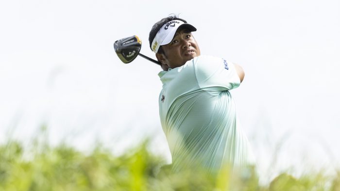 NEWBURGH, INDIANA - SEPTEMBER 02: Kiradech Aphibarnrat of Thailand plays his shot from the 17th tee during the second round of the Korn Ferry Tour Championship presented by United Leasing and Financing at Victoria National Golf Club on September 02, 2022 in Newburgh, Indiana. (Photo by James Gilbert/PGA TOUR via Getty Images)