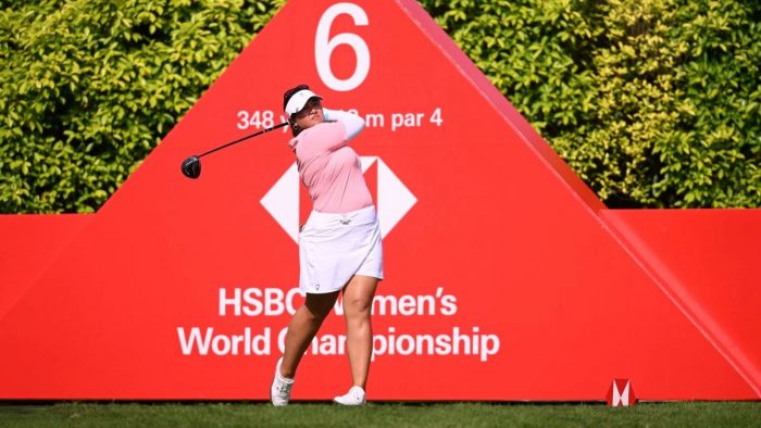 SINGAPORE, SINGAPORE - MARCH 02: Lilia Vu of the United States tees off on the sixth hole during Day One of the HSBC Women's World Championship at Sentosa Golf Club on March 02, 2023 in Singapore. (Photo by Ross Kinnaird/Getty Images)