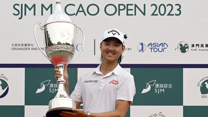 MACAU, CHINA: Minwoo Lee of Australia pictured with the winner’s trophy on Sunday October 15, 2023 at the Macau Golf and Country Club following the SJM Macao Open. The US$1 million Asian Tour event is staged from October 12-15, 2023. Picture by Paul Lakatos/Asian Tour.
