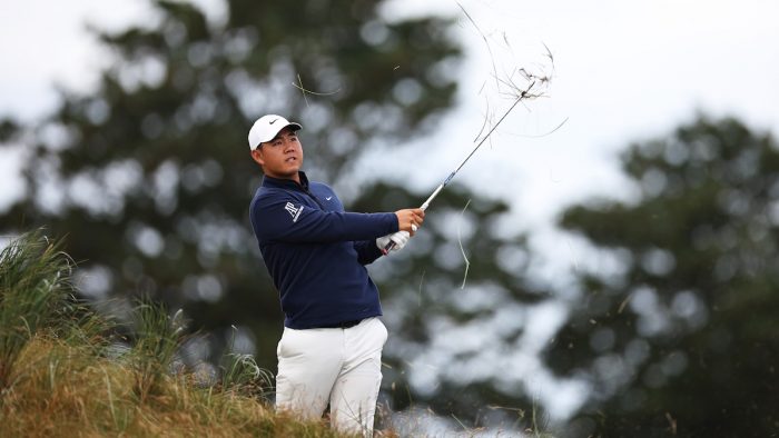 NORTH BERWICK, SCOTLAND - JULY 16: Tom Kim of South Korea plays a shot on the 10th hole during Day Four of the Genesis Scottish Open at The Renaissance Club on July 16, 2023 in United Kingdom. (Photo by Jared C. Tilton/Getty Images)