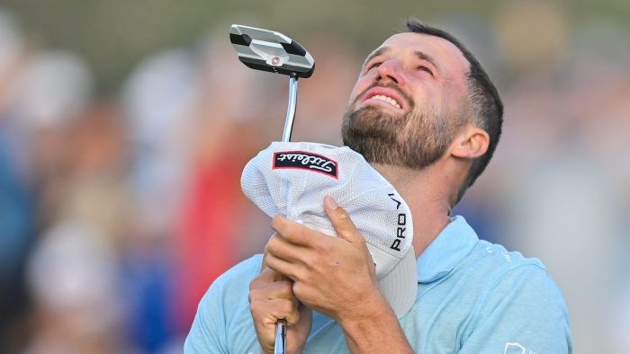 LOS ANGELES, CALIFORNIA - JUNE 18: Wyndham Clark reacts to winning on the 18th green during the final round of the 123rd U.S. Open Championship at The Los Angeles Country Club (North Course) on June 18, 2023 in Los Angeles, California. (Photo by Ben Jared/PGA TOUR via Getty Images)