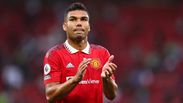 MANCHESTER, ENGLAND - SEPTEMBER 04: Casemiro of Manchester United after the 3-1 victory during the Premier League match between Manchester United and Arsenal FC at Old Trafford on September 4, 2022 in Manchester, United Kingdom. (Photo by Robbie Jay Barratt - AMA/Getty Images)