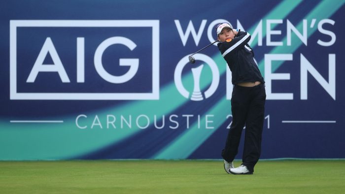 CARNOUSTIE, SCOTLAND - AUGUST 19: Atthaya Thitikul of Thailand tees off on the first hole during Day One of the AIG Women's Open at Carnoustie Golf Links on August 19, 2021 in Carnoustie, Scotland. (Photo by David Cannon/R&A/R&A via Getty Images)