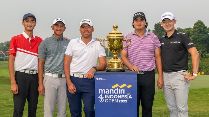 JAKARTA, INDONESIA: The Mandiri Indonesia Open 2022 at the Pondok Indah Golf Course, Jakarta, Indonesia. Left to right...  Amadeus Christian Susanto [Indonesia], Naraajie E. Ramadhanputra [Indonesia] ,Rory Hie [Indonesia],Sihwan Kim [USA],Bio Kim [Korea]. The US$500,000 Asian Tour event is staged from August 4-7, 2022. Picture by Graham Uden / Asian Tour.