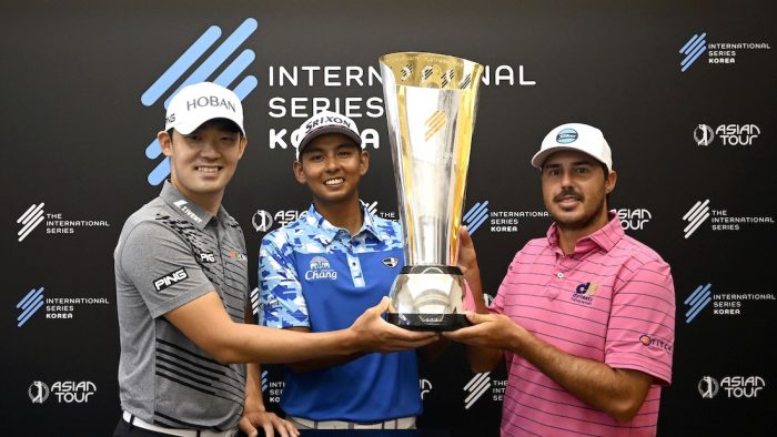 JEJU ISLAND-KOREA- L-R - Bio Kim of Korea, Nitihorn Thippong of Thailand, and  Chase Koepka of the USA pose with the winner’s trophy on Thursday August 18, 2022, during a press conference  ahead of the International Series Korea at the Lotte Skyhill Country Club, Jeju, Korea. The Asian Tour US$ 1.5 million event is staged August 18-21, 2022. Picture by Paul Lakatos/Asian Tour.