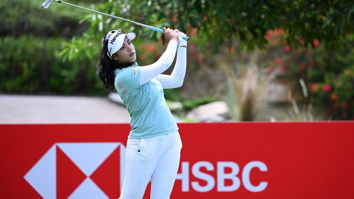 SINGAPORE, SINGAPORE - MARCH 03: Patty Tavatanakit of Thailand tees off on the seventh hole during the First Round of the HSBC Women's World Championship at Sentosa Golf Club on March 03, 2022 in Singapore. (Photo by Ross Kinnaird/Getty Images)