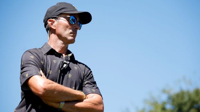 CHARLOTTE, NORTH CAROLINA - SEPTEMBER 23: Assistant Captain Mike Weir of the International Team looks on from the fourth tee during Friday four-ball matches on day two of the 2022 Presidents Cup at Quail Hollow Country Club on September 23, 2022 in Charlotte, North Carolina. (Photo by Jared C. Tilton/Getty Images)
