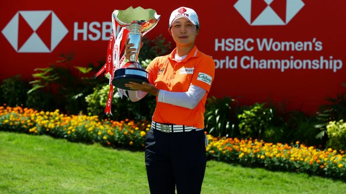 SINGAPORE, SINGAPORE - MAY 02: Hyo Joo Kim of South Korea poses with the winner's trophy after winning the HSBC Women's World Championship at Sentosa Golf Club on May 02, 2021 in Singapore. (Photo by Yong Teck Lim/Getty Images)