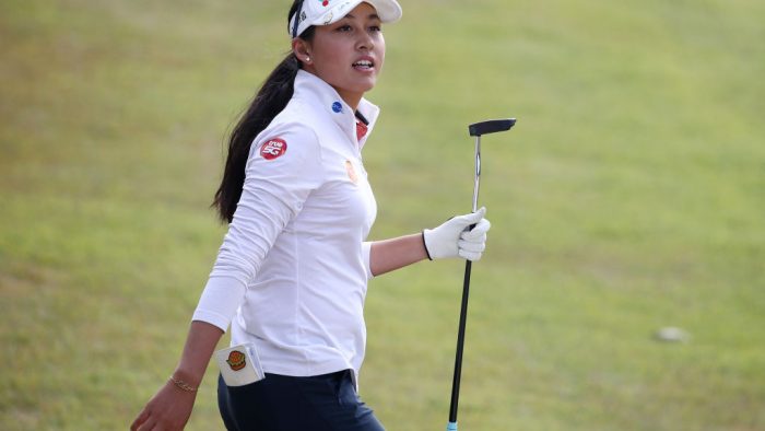 WONJU, SOUTH KOREA - OCTOBER 21: Atthaya Thitikul of Thailand reacts on the ninth fairway during the second round of the BMW Ladies Championship at Oak Valley Country Club on October 21, 2022 in Wonju, South Korea. (Photo by Chung Sung-Jun/Getty Images)