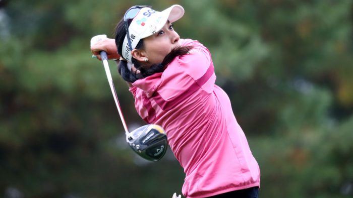 WONJU, SOUTH KOREA - OCTOBER 23: Atthaya Thitikul of Thailand hits her tee shot on the 3rd hole during the final round of the BMW Ladies Championship at Oak Valley Country Club on October 23, 2022 in Wonju, South Korea. (Photo by Chung Sung-Jun/Getty Images)