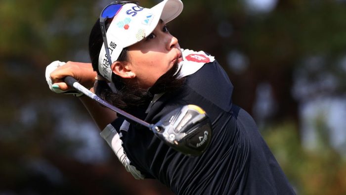 WONJU, SOUTH KOREA - OCTOBER 22: Atthaya Thitikul of Thailand plays her shot from the third tee during the third round of the BMW Ladies Championship at Oak Valley Country Club on October 22, 2022 in Wonju, South Korea. (Photo by Chung Sung-Jun/Getty Images)