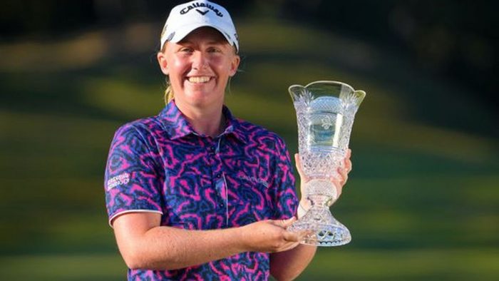 OTSU, JAPAN - NOVEMBER 06: Gemma Dryburgh of Scotland poess with the trophy after winning the tournament following the final round of the TOTO Japan Classic at Seta Golf Course North Course on November 6, 2022 in Otsu, Shiga, Japan. (Photo by Yoshimasa Nakano/Getty Images)