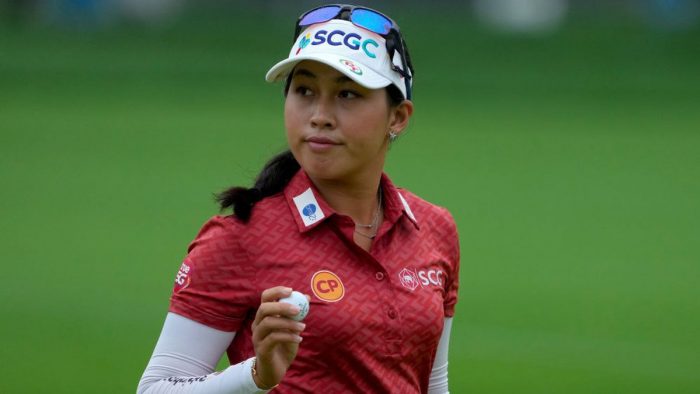 CINCINNATI, OHIO - SEPTEMBER 11: Atthaya Thitikul of Thailand reacts after making birdie on the fourth green during the final round of the Kroger Queen City Championship presented by P&G at Kenwood Country Club on September 11, 2022 in Cincinnati, Ohio. (Photo by Dylan Buell/Getty Images)