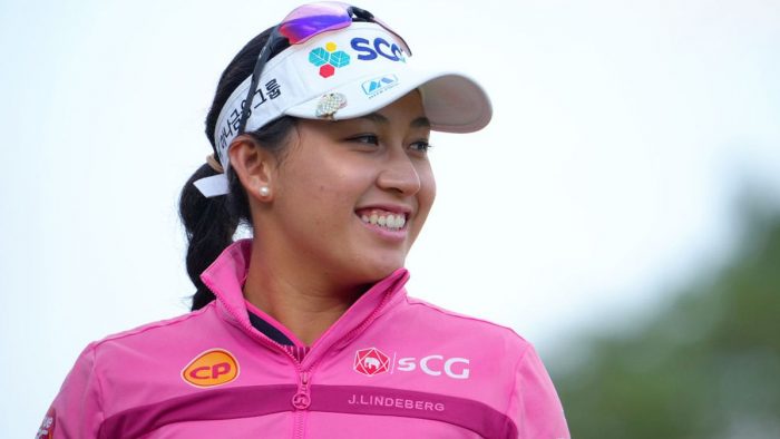 OTSU, JAPAN - NOVEMBER 04: Atthaya Thitikul of Thailand smiles after the birdie on the 6th green during the second round of the TOTO Japan Classic at Seta Golf Course North Course on November 4, 2022 in Otsu, Shiga, Japan. (Photo by Yoshimasa Nakano/Getty Images)