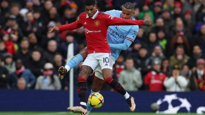 FILE PHOTO: Soccer Football - Premier League - Manchester United v Manchester City - Old Trafford, Manchester, Britain - January 14, 2023 Manchester United's Marcus Rashford in action with Manchester City's Manuel Akanji REUTERS/Phil Noble
