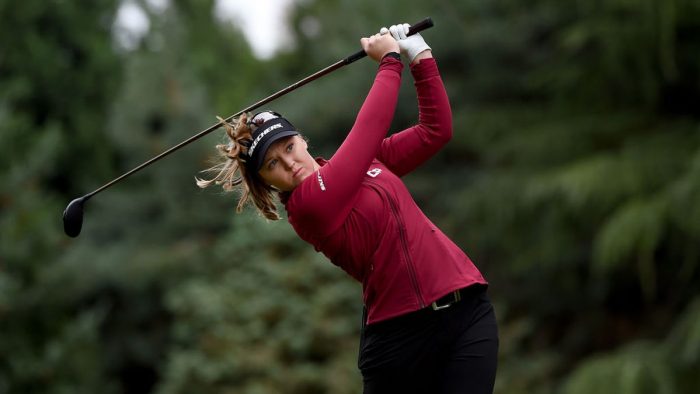PORTLAND, OREGON - SEPTEMBER 16: Brooke M. Henderson of Canada hits her tee shot on the 11th hole during round two of the AmazingCre Portland Classic at Columbia Edgewater Country Club on September 16, 2022 in Portland, Oregon. (Photo by Steve Dykes/Getty Images)