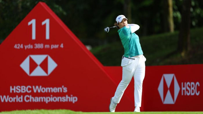 SINGAPORE, SINGAPORE - MARCH 02: Ariya Jutanugarn of Thailand tees off on the eleventh hole during Day One of the HSBC Women's World Championship at Sentosa Golf Club on March 02, 2023 in Singapore. (Photo by Andrew Redington/Getty Images)