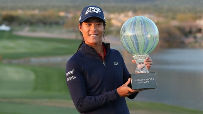 APACHE JUNCTION, ARIZONA - MARCH 26: Celine Boutier of France poses with the winners trophy after a playoff win against Georgia Hall of England in the final round of the LPGA Drive On Championship at Superstition Mountain Golf and Country Club on March 26, 2023 in Apache Junction, Arizona. (Photo by Meg Oliphant/Getty Images)