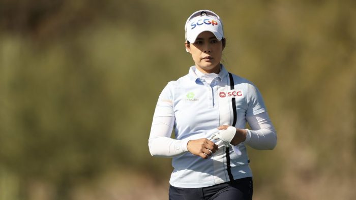 APACHE JUNCTION, ARIZONA - MARCH 24: Ariya Jutanugarn of Thailand walks after playing her shot on the fifth tee during the second round of the LPGA Drive On Championship at Superstition Mountain Golf and Country Club on March 24, 2023 in Apache Junction, Arizona. (Photo by Meg Oliphant/Getty Images)