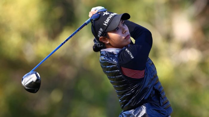PALOS VERDES ESTATES, CALIFORNIA - MARCH 31: Patty Tavatanakit of Thailand plays her shot from the second tee during the second round of the DIO Implant LA Open at Palos Verdes Golf Club on March 31, 2023 in Palos Verdes Estates, California. (Photo by Katelyn Mulcahy/Getty Images)