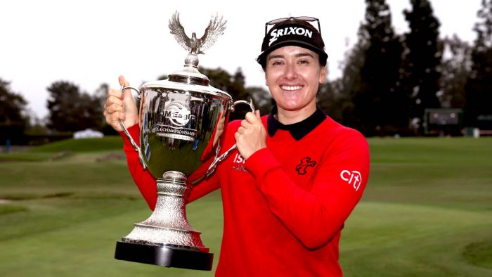 LOS ANGELES, CALIFORNIA - APRIL 30: Hannah Green of Australia poses with the trophy after victory during the final round of the JM Eagle LA Championship presented by Plastpro at Wilshire Country Club on April 30, 2023 in Los Angeles, California. (Photo by Harry How/Getty Images)