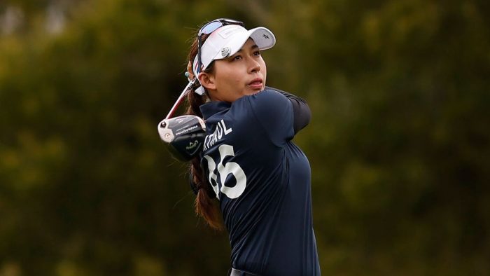 SAN FRANCISCO, CALIFORNIA - MAY 5: Atthaya Thitikul of Team Thailand plays her shot from the third tee during day two of the Hanwha LIFEPLUS International Crown at TPC Harding Park on May 5, 2023 in San Francisco, California. (Photo by Mike Mulholland/Getty Images)