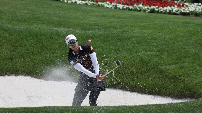 LAS VEGAS, NEVADA - MAY 24: Pornanong Phatlum of Thailand plays a shot from a bunker on the ninth hole on day one of the Bank of Hope LPGA Match-Play presented by MGM Rewards at Shadow Creek Golf Course on May 24, 2023 in Las Vegas, Nevada. (Photo by Harry How/Getty Images)