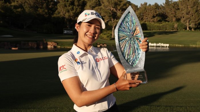LAS VEGAS, NEVADA - MAY 28: Pajaree Anannarukarn of Thailand poses for a photo with the trophy after winning on day five of the Bank of Hope LPGA Match-Play presented by MGM Rewards at Shadow Creek Golf Course on May 28, 2023 in Las Vegas, Nevada. (Photo by Harry How/Getty Images)