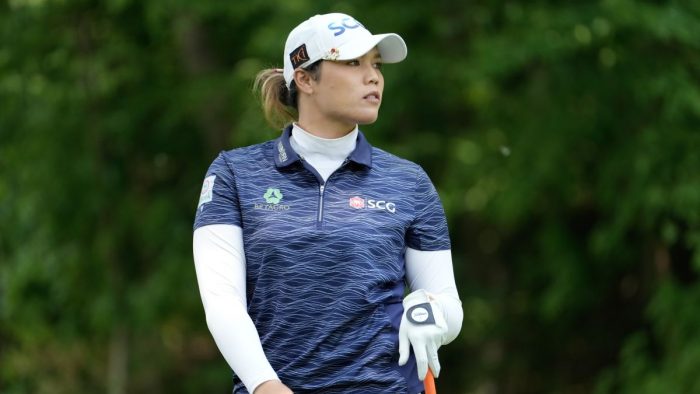 GRAND RAPIDS, MICHIGAN - JUNE 16: Ariya Jutanugarn of Thailand watches her shot from the 16th tee during the second round of the Meijer LPGA Classic for Simply Give at Blythefield Country Club on June 16, 2023 in Grand Rapids, Michigan. (Photo by Raj Mehta/Getty Images)