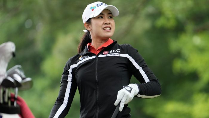 GRAND RAPIDS, MICHIGAN - JUNE 15: Pajaree Anannarukarn of Thailand watches her shot from the 16th tee during the first round of the Meijer LPGA Classic for Simply Give at Blythefield Country Club on June 15, 2023 in Grand Rapids, Michigan. (Photo by Raj Mehta/Getty Images)