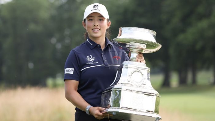 SPRINGFIELD, NEW JERSEY - JUNE 25: Ruoning Yin of China poses for a photo with the trophy after winning the KPMG Women's PGA Championship at Baltusrol Golf Club on June 25, 2023 in Springfield, New Jersey. (Photo by Christian Petersen/Getty Images)
