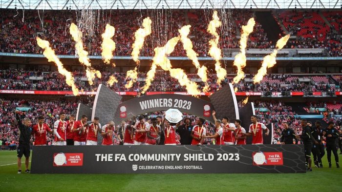 LONDON, ENGLAND - AUGUST 06: Martin Odegaard of Arsenal lifts the FA Community Shield following The FA Community Shield match between Manchester City against Arsenal at Wembley Stadium on August 06, 2023 in London, England. (Photo by Mike Hewitt/Getty Images)