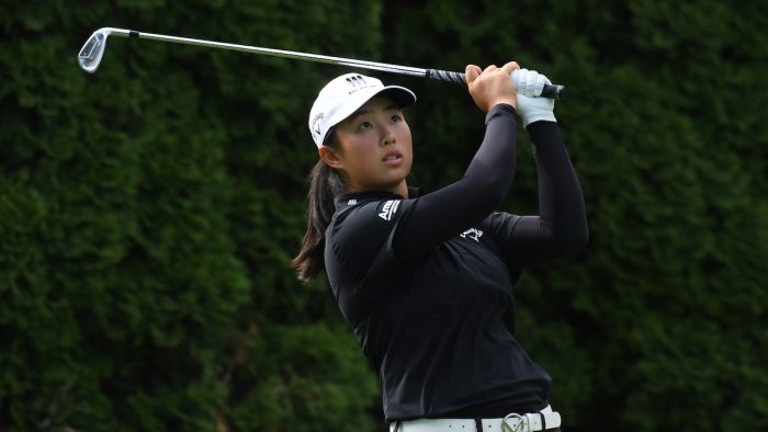 PORTLAND, OREGON - SEPTEMBER 01: Ruoning Yin of China plays her shot from the eighth tee during the second round of the Portland Classic at Columbia Edgewater Country Club on September 01, 2023 in Portland, Oregon. (Photo by Steve Dykes/Getty Images)