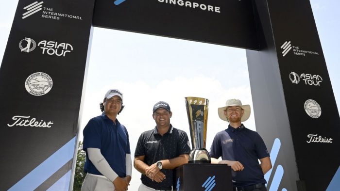 SINGAPORE- L-R- Sihwan Kim of the USA, Patrick Reed of the USA and Scott Vincent of Zimbabwe pose for a photograph after a press conference on Wednesday August 10, 2022 ahead of the US$ 1.5 million International Series Singapore at Tanah Merah Country Club (Tampines Course) August 11-14, 2022. Picture by Paul Lakatos/Asian Tour.