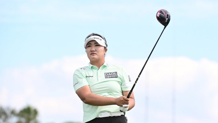BELLEAIR, FLORIDA - NOVEMBER 09: Hae Ran Ryu of South Korea plays her shot from the eighth tee during the first round of The ANNIKA driven by Gainbridge at Pelican at Pelican Golf Club on November 09, 2023 in Belleair, Florida. (Photo by Julio Aguilar/Getty Images)