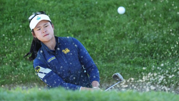 STOCKHOLM, SWEDEN - JUNE 09: Trichat Cheenglab of Thailand plays a bunker shot on the second hole during Day Two of the Volvo Car Scandinavian Mixed at Ullna Golf & Country Club on June 09, 2023 in Sweden. (Photo by Matthew Lewis/Getty Images)