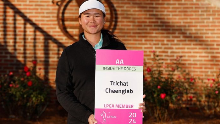 MOBILE, ALABAMA - DECEMBER 06: Trichat Cheenglab of Thailand poses with the tour card after the sixth round of LPGA Q-School at Magnolia Grove Golf Course on December 06, 2023 in Mobile, Alabama. (Photo by Alex Slitz/Getty Images)