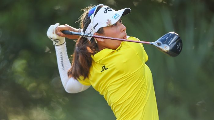 NAPLES, FLORIDA - NOVEMBER 18: Atthaya Thitikul of Thailand plays her shot from the 11th tee during the third round of the CME Group Tour Championship at Tiburon Golf Club on November 18, 2023 in Naples, Florida. (Photo by Michael Reaves/Getty Images)