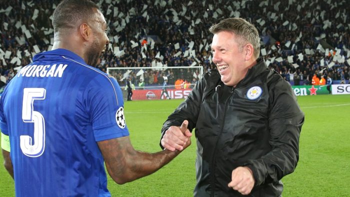 LEICESTER, ENGLAND - MARCH 14: Manager Craig Shakespeare of Leicester City celebrates with Wes Morgan of Leicester City after the UEFA Champions League Round of 16 match between Leicester City and Sevilla FC at Leicester City Stadium on March 14 , 2017 in Leicester, United Kingdom.  (Photo by Plumb Images/Leicester City FC via Getty Images)