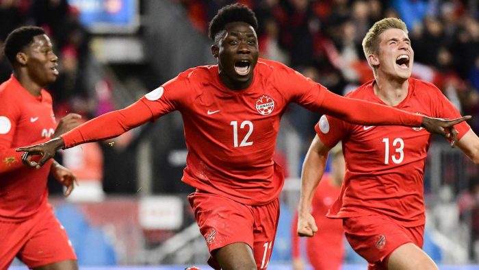 Concacaf Nations Leaguen15 October 2019 - Toronto, ON, CANnCanada Soccer by Martin BazylnnAlphonso Davies goal celebration (with Jonathan David and Liam Fraser)