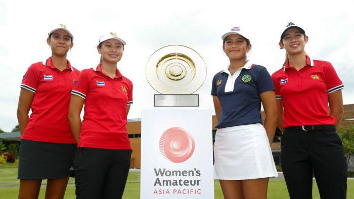 CHONBURI, THAILAND - AUGUST 30: (Left-to-Right) Navaporn Soontreeyapas, Suvichaya Vinijchaitham, Pimpisa Rubrong and Eila Galitsky pose during Press Conference and Photo opportunity with Thailand players & trophies during the Women’s Amateur Asia-Pacific 2022 – Media Golf Day at Siam Country Club, Pattaya, Thailand on September 20, 2022 in Bangkok, Thailand.