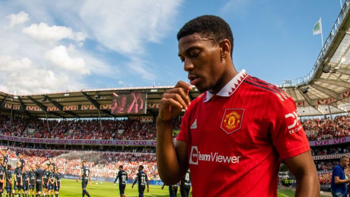 OSLO, NORWAY - JULY 30: Anthony Martial of Manchester United walks out ahead of the pre-season friendly match between Manchester United and Atletico Madrid at Ullevaal Stadion on July 30, 2022 in Oslo, Norway. (Photo by Ash Donelon/Manchester United via Getty Images)