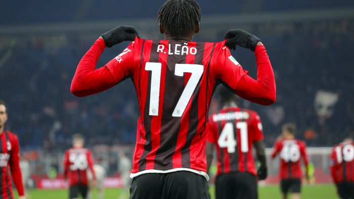 MILAN, ITALY - JANUARY 13: Rafael Leao of AC Milan celebrates scoring his side's second goal during the Coppa Italia match between AC Milan and Genoa CFC at Stadio Giuseppe Meazza on January 13, 2022 in Milan, Italy. (Photo by Marco Luzzani/Getty Images)