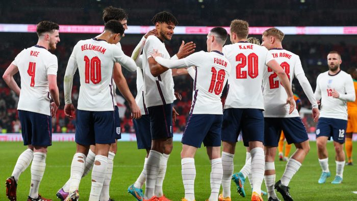 LONDON, ENGLAND - MARCH 29:  Tyrone Mings of England celebrates with team mates after scoring his side's third goal during the international friendly match between England and Cote D'Ivoire at Wembley Stadium on March 29, 2022 in London, United Kingdom. (Photo by Craig Mercer/MB Media/Getty Images)