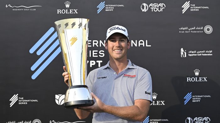 CAIRO, EGYPT: Andy Ogletree of the USA pictured with the winner’s trophy on Sunday, November 13, 2022, at the International Series Egypt at the Madinaty Golf Club. The US$ 1.5 million Asian Tour event is staged from November 10-13, 2022. Picture by Paul Lakatos/Asian Tour.