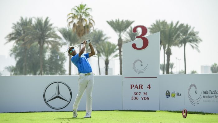 Weerawish Narkprachar of Thailand tees off on the 3rd during round 2 of the 2021 Asia-Pacific Amateur Championship being played on the Dubai Creek Golf and Yacht Club, in Dubai, United Arab Emirates on Thursday, November 4, 2021. Photograph by AAC